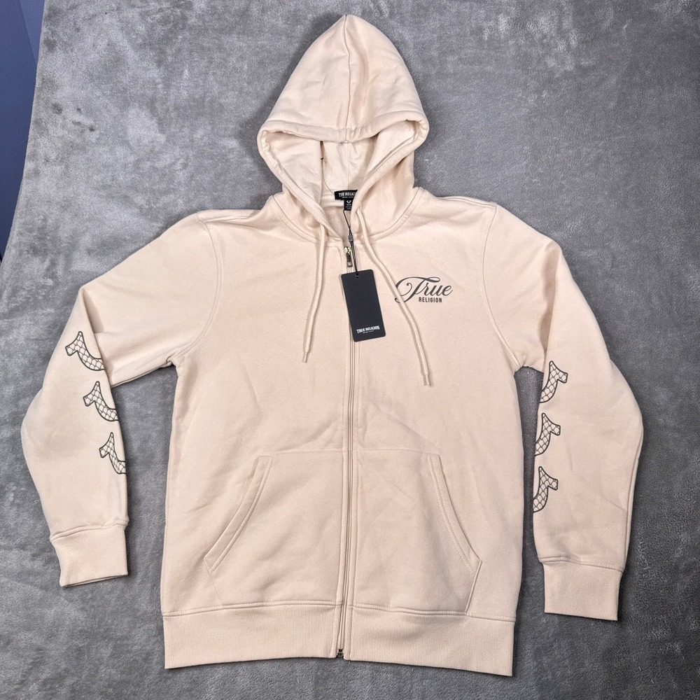 True Religion Men's Zip Up Hoodie Cream Size Medium NWT Horseshoe Patch Logo